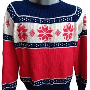 Men's Large Vintage Sweater 1970's Nordic Style Knit Snowflake Red White Blue